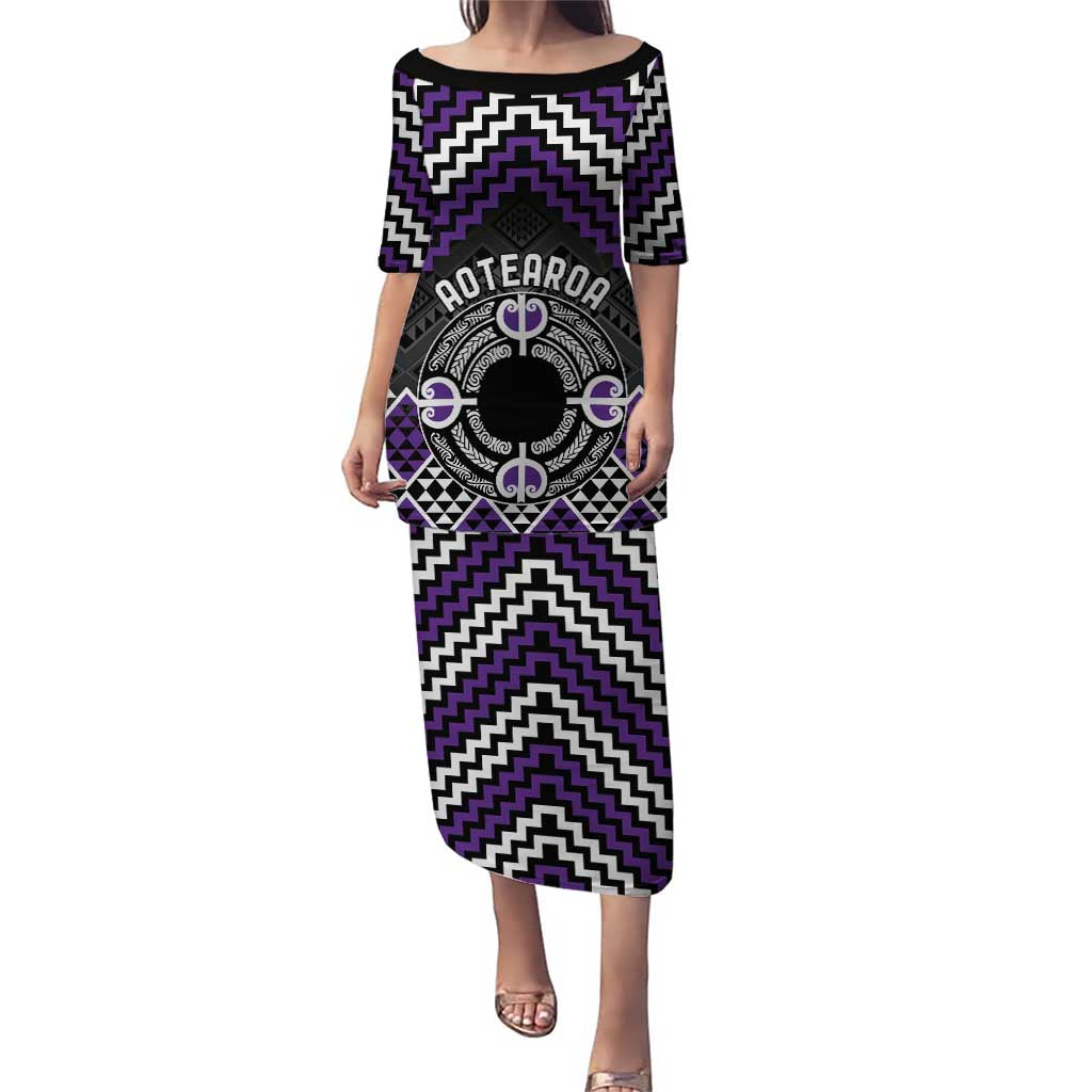 Personalised Aotearoa Niho Taniwha Motif Puletasi Violet Style