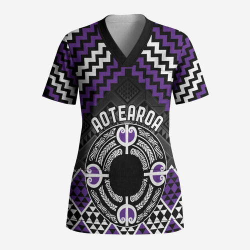 Personalised Aotearoa Niho Taniwha Motif Scrub Top Violet Style - Aussie Hoodie