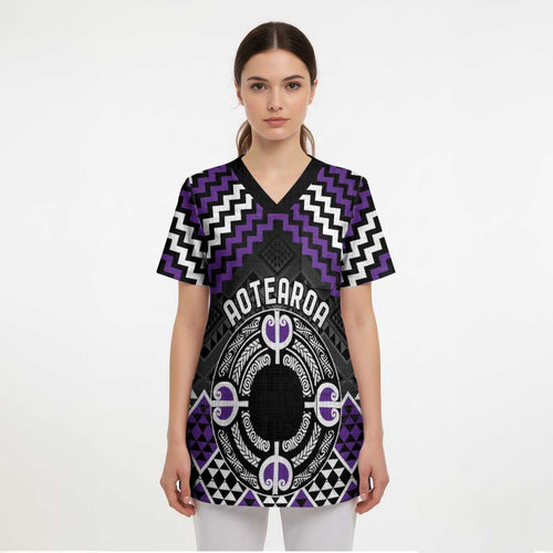 Personalised Aotearoa Niho Taniwha Motif Scrub Top Violet Style - Aussie Hoodie