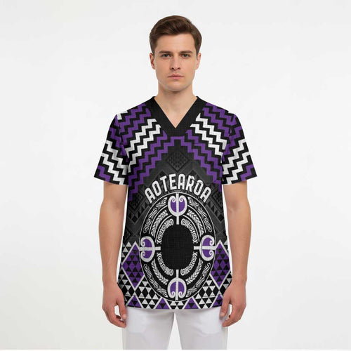 Personalised Aotearoa Niho Taniwha Motif Scrub Top Violet Style - Aussie Hoodie