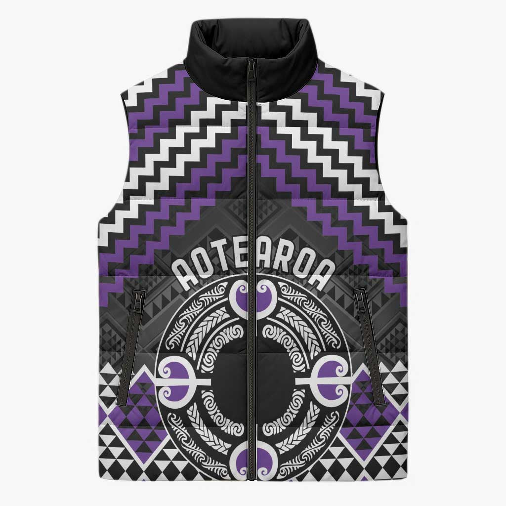 Personalised Aotearoa Niho Taniwha Motif Sleeveless Puffer Jacket Violet Style - Aussie Hoodie