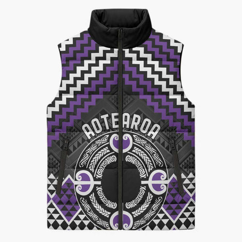 Personalised Aotearoa Niho Taniwha Motif Sleeveless Puffer Jacket Violet Style - Aussie Hoodie
