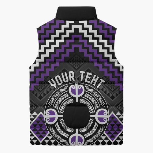 Personalised Aotearoa Niho Taniwha Motif Sleeveless Puffer Jacket Violet Style - Aussie Hoodie
