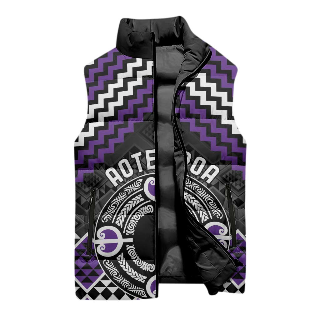 Personalised Aotearoa Niho Taniwha Motif Sleeveless Puffer Jacket Violet Style - Aussie Hoodie