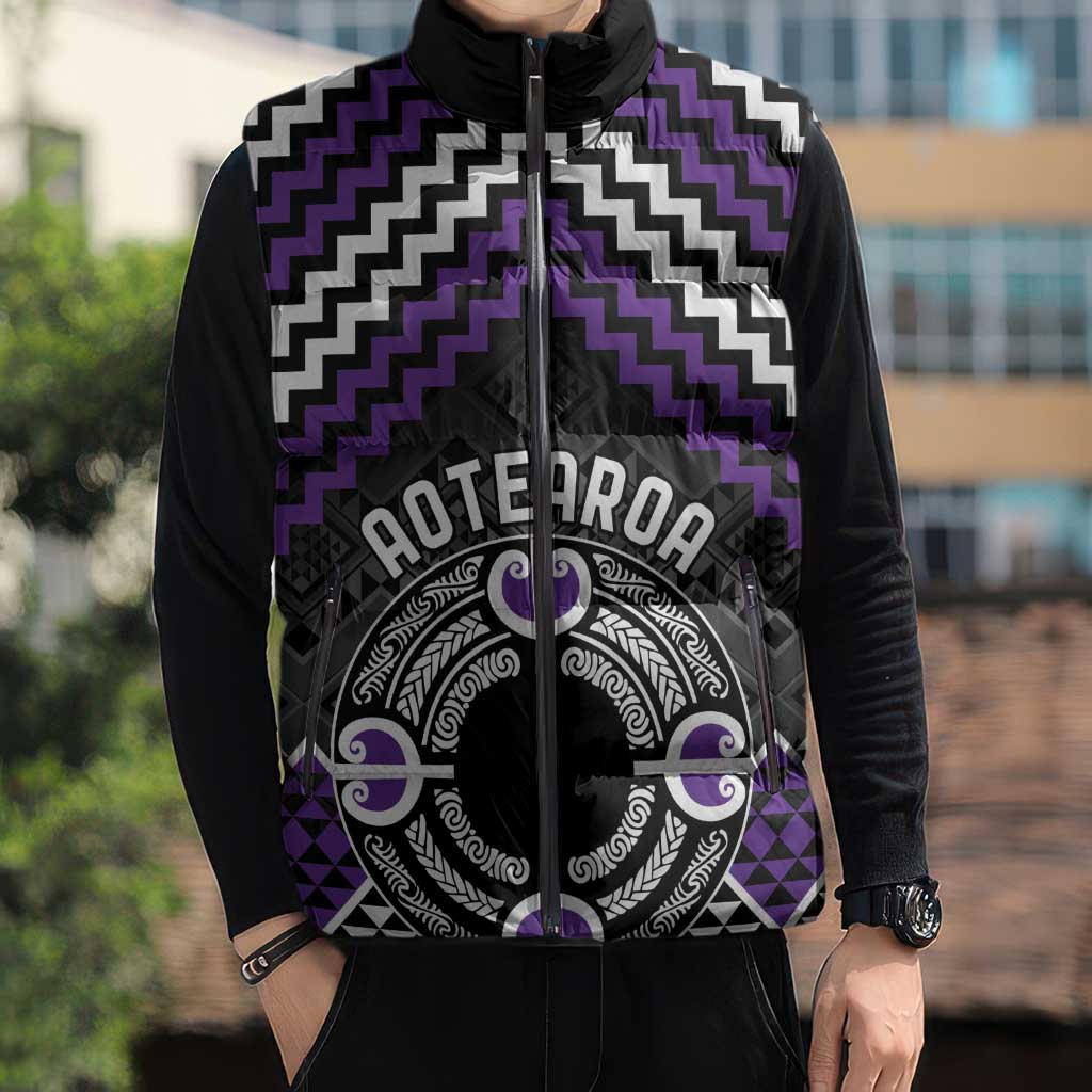 Personalised Aotearoa Niho Taniwha Motif Sleeveless Puffer Jacket Violet Style - Aussie Hoodie