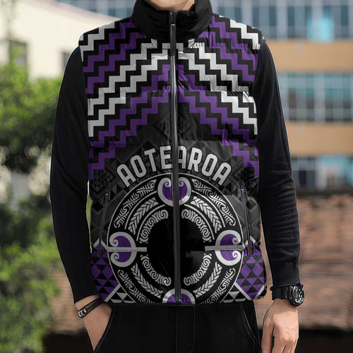 Personalised Aotearoa Niho Taniwha Motif Sleeveless Puffer Jacket Violet Style - Aussie Hoodie