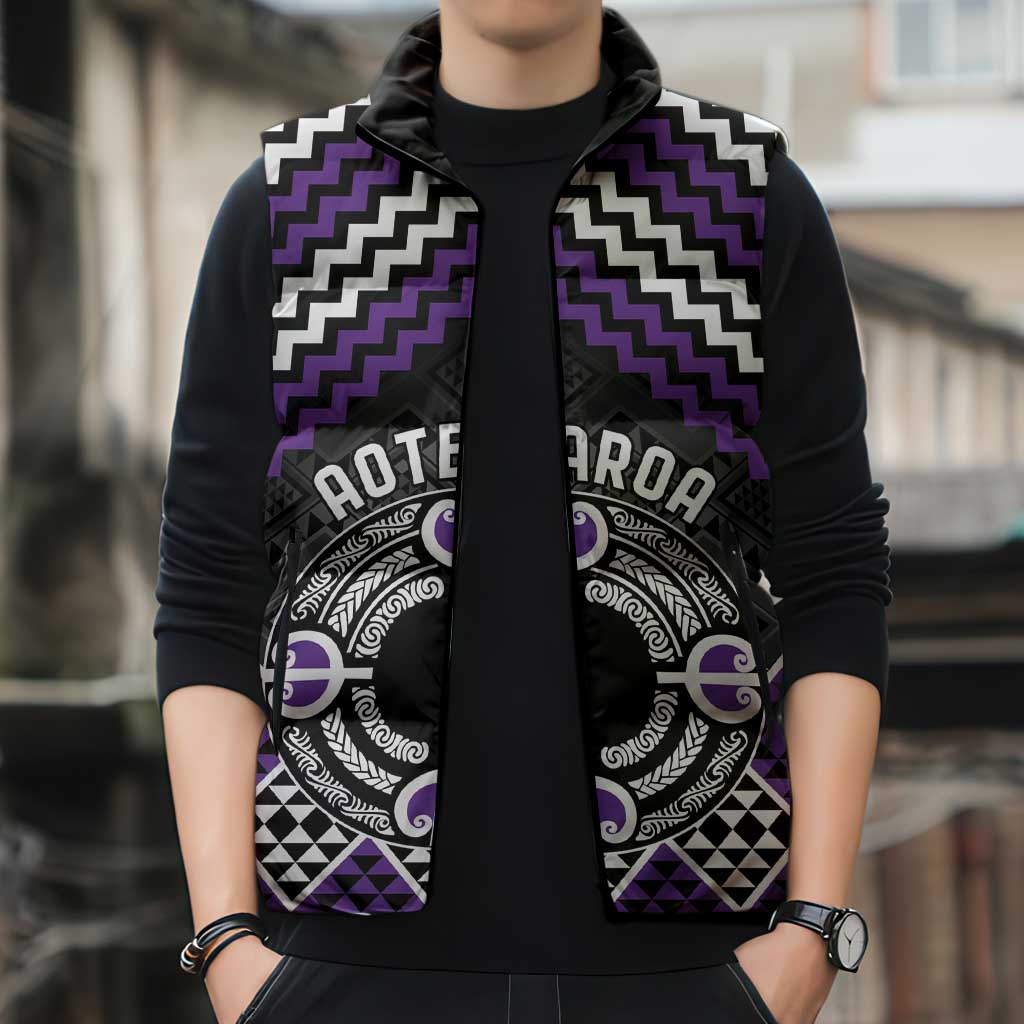 Personalised Aotearoa Niho Taniwha Motif Sleeveless Puffer Jacket Violet Style - Aussie Hoodie