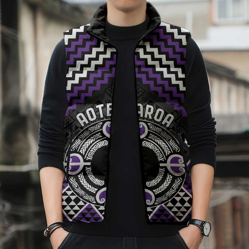 Personalised Aotearoa Niho Taniwha Motif Sleeveless Puffer Jacket Violet Style - Aussie Hoodie