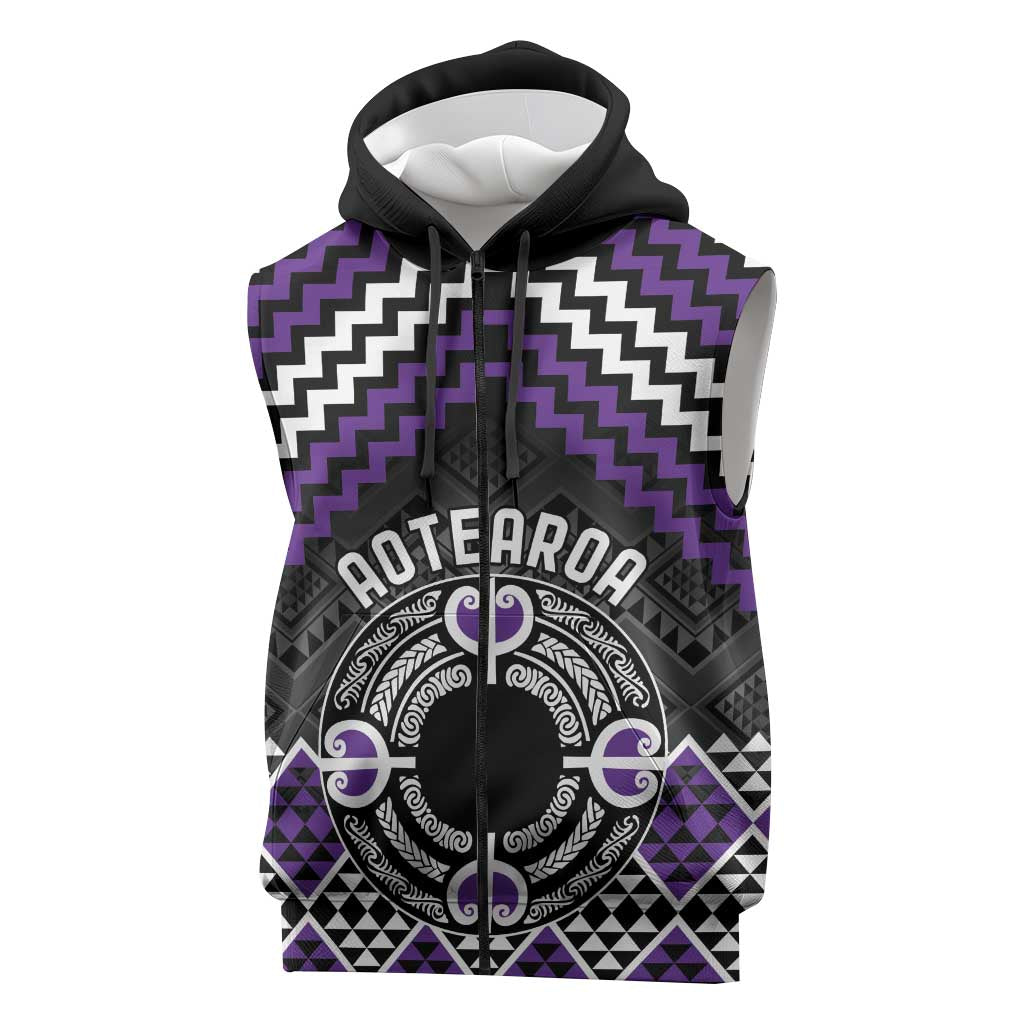 Personalised Aotearoa Niho Taniwha Motif Sleeveless Zip Hoodie Violet Style LT9