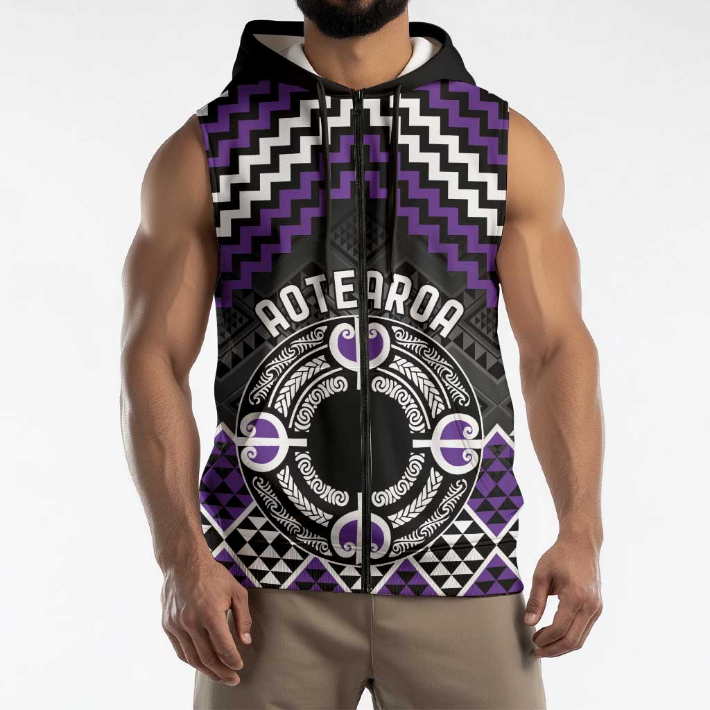 Personalised Aotearoa Niho Taniwha Motif Sleeveless Zip Hoodie Violet Style LT9