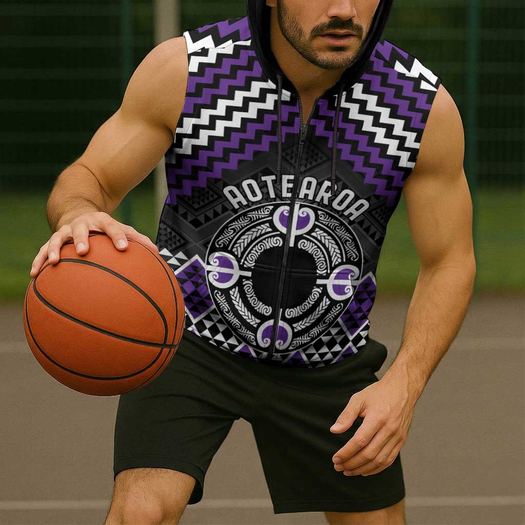 Personalised Aotearoa Niho Taniwha Motif Sleeveless Zip Hoodie Violet Style LT9