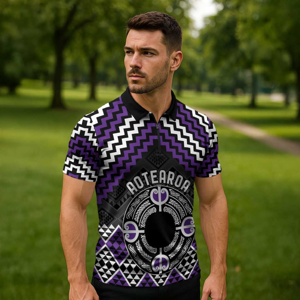 Personalised Aotearoa Niho Taniwha Motif Zipper Polo Shirt Violet Style - Aussie Hoodie