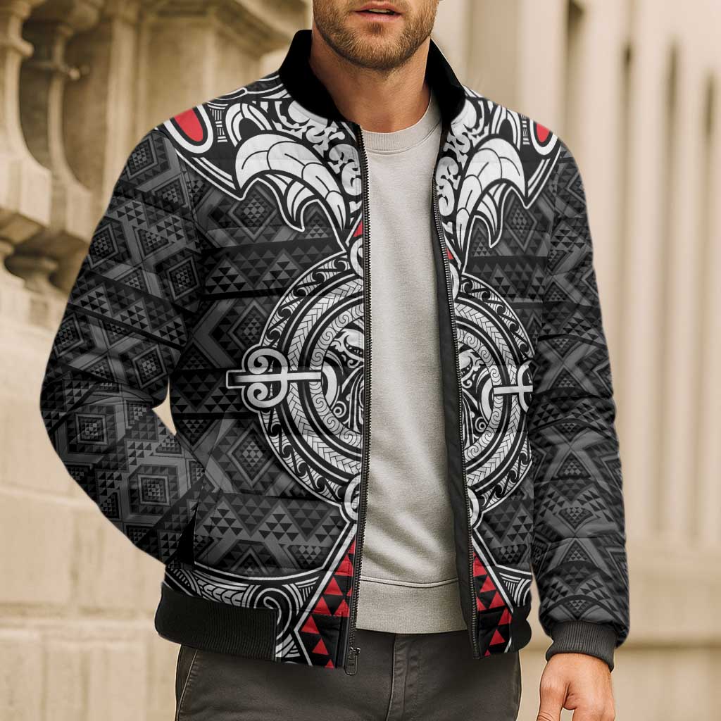 Black Aotearoa Taniko Motif Bomber Puffer Jacket Vintage Maori New Zealand Tribal Art Pattern - Aussie Hoodie