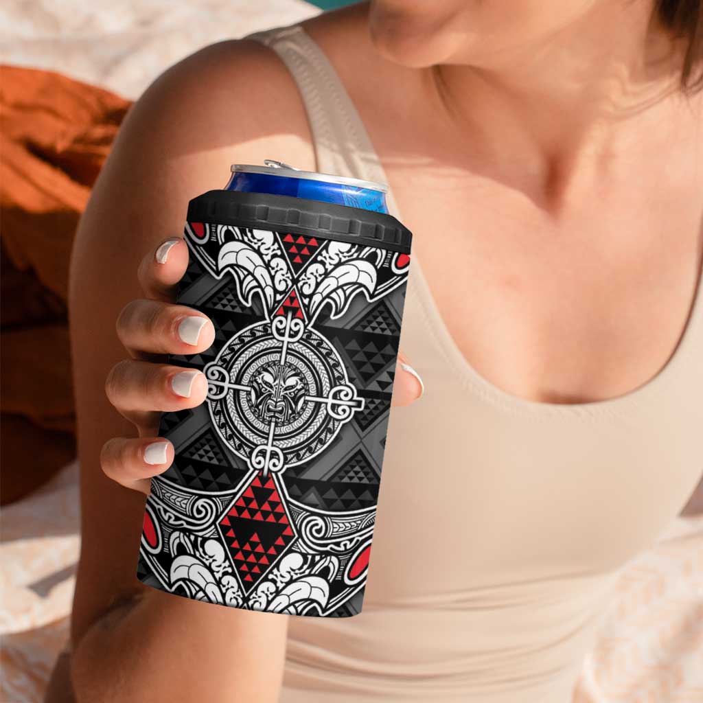 Black Aotearoa Taniko Motif 4 in 1 Can Cooler Tumbler Vintage Maori New Zealand Tribal Art Pattern