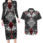Black Aotearoa Tanilo Motif Couples Matching Long Sleeve Bodycon Dress and Hawaiian Shirt Vintage Maori New Zealand Tribal Art Pattern