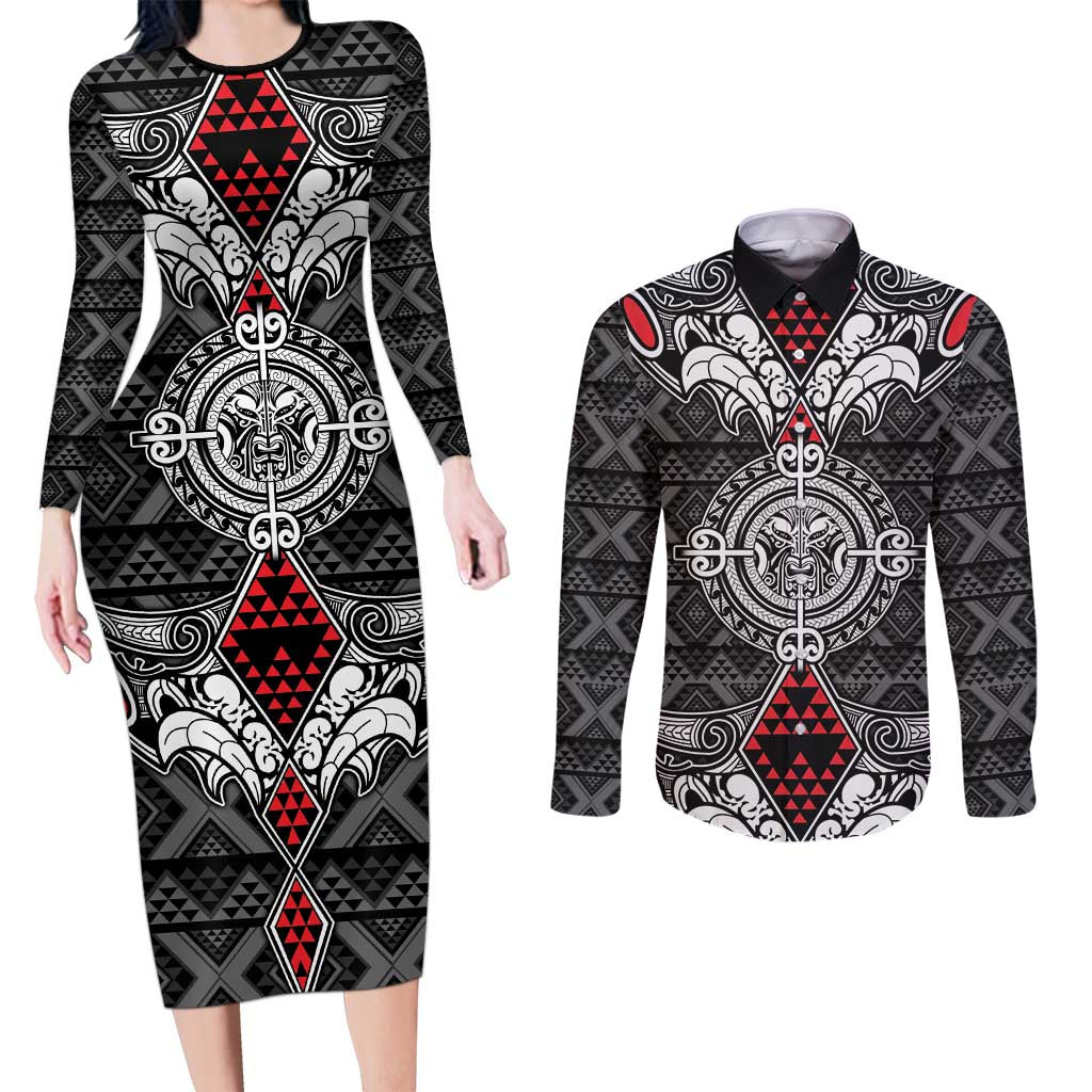 Black Aotearoa Tanilo Motif Couples Matching Long Sleeve Bodycon Dress and Long Sleeve Button Shirt Vintage Maori New Zealand Tribal Art Pattern