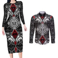 Black Aotearoa Tanilo Motif Couples Matching Long Sleeve Bodycon Dress and Long Sleeve Button Shirt Vintage Maori New Zealand Tribal Art Pattern