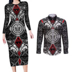 Black Aotearoa Tanilo Motif Couples Matching Long Sleeve Bodycon Dress and Long Sleeve Button Shirt Vintage Maori New Zealand Tribal Art Pattern