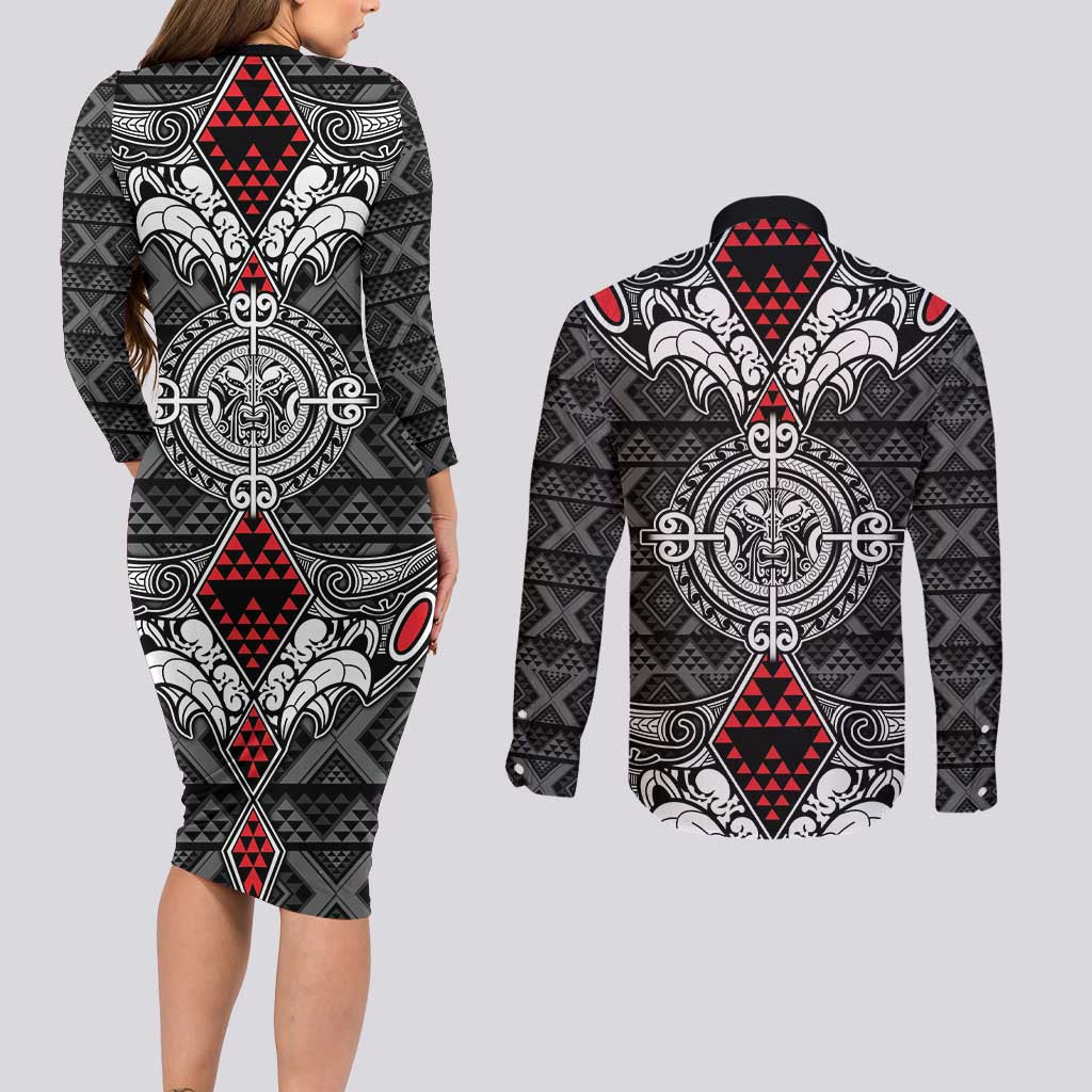 Black Aotearoa Tanilo Motif Couples Matching Long Sleeve Bodycon Dress and Long Sleeve Button Shirt Vintage Maori New Zealand Tribal Art Pattern