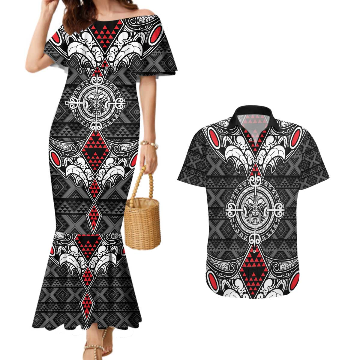 Black Aotearoa Tanilo Motif Couples Matching Mermaid Dress and Hawaiian Shirt Vintage Maori New Zealand Tribal Art Pattern
