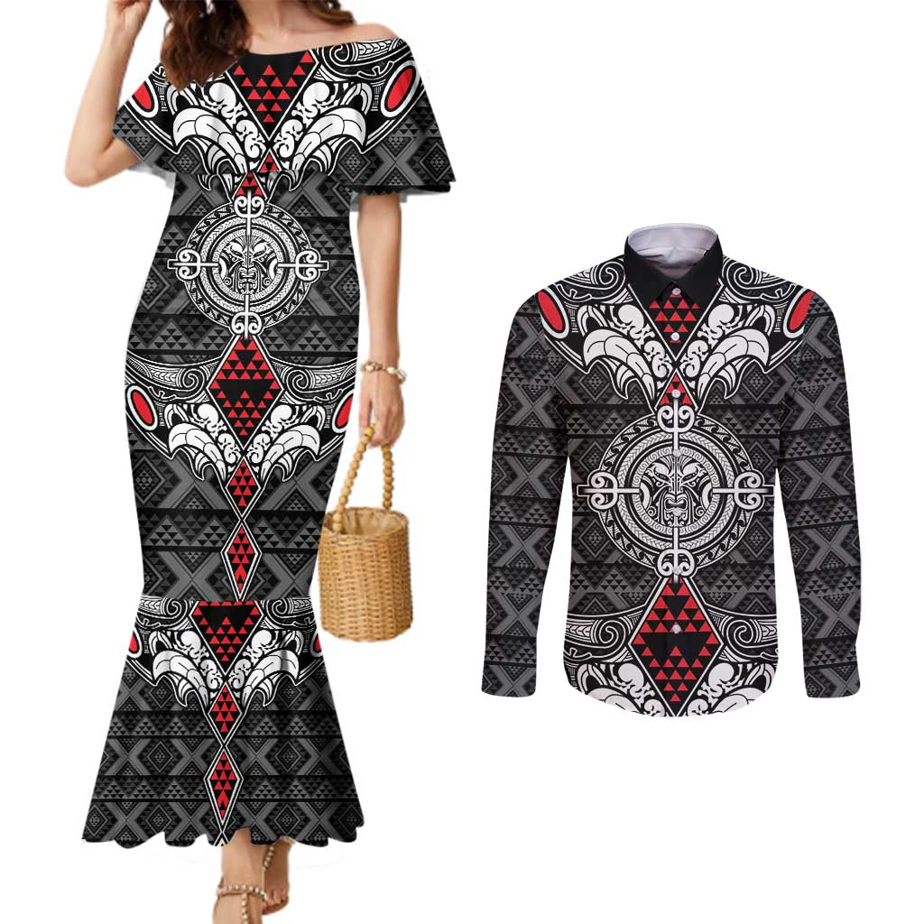 Black Aotearoa Tanilo Motif Couples Matching Mermaid Dress and Long Sleeve Button Shirt Vintage Maori New Zealand Tribal Art Pattern
