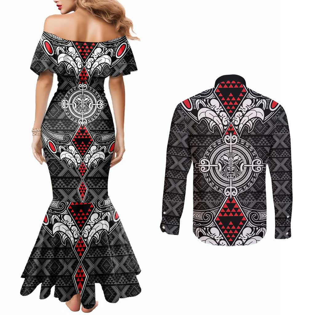 Black Aotearoa Tanilo Motif Couples Matching Mermaid Dress and Long Sleeve Button Shirt Vintage Maori New Zealand Tribal Art Pattern