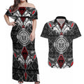 Black Aotearoa Tanilo Motif Couples Matching Off Shoulder Maxi Dress and Hawaiian Shirt Vintage Maori New Zealand Tribal Art Pattern