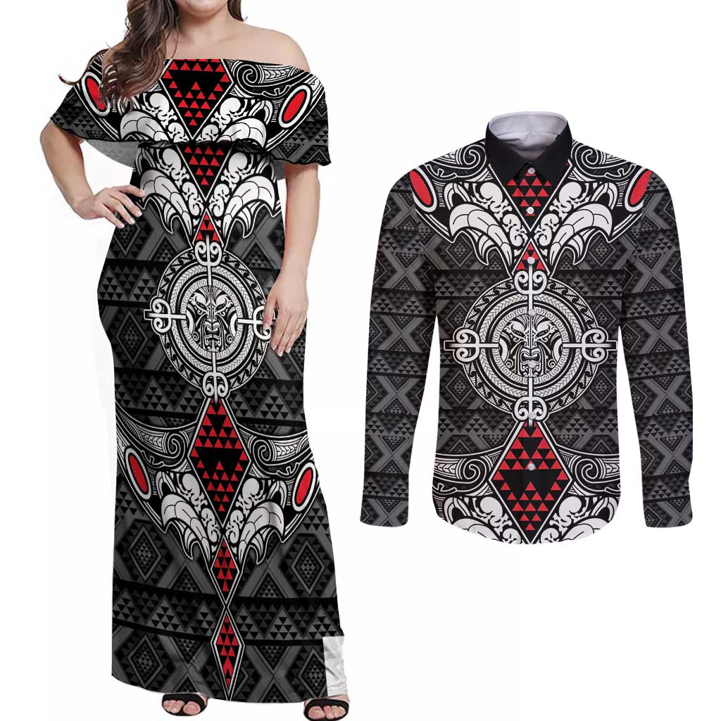 Black Aotearoa Tanilo Motif Couples Matching Off Shoulder Maxi Dress and Long Sleeve Button Shirt Vintage Maori New Zealand Tribal Art Pattern