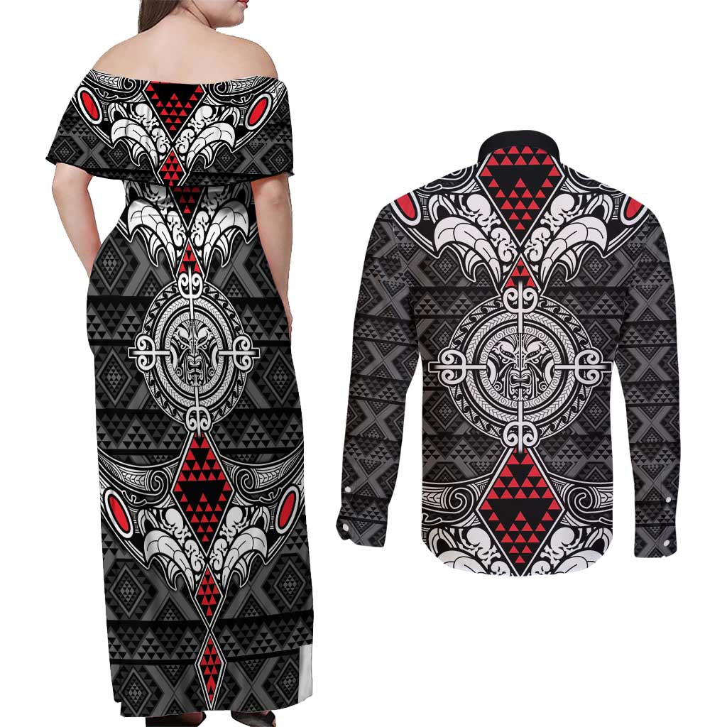 Black Aotearoa Tanilo Motif Couples Matching Off Shoulder Maxi Dress and Long Sleeve Button Shirt Vintage Maori New Zealand Tribal Art Pattern