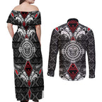 Black Aotearoa Tanilo Motif Couples Matching Off Shoulder Maxi Dress and Long Sleeve Button Shirt Vintage Maori New Zealand Tribal Art Pattern