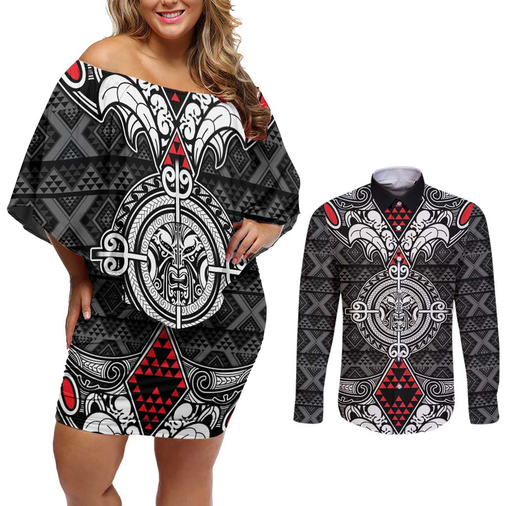 Black Aotearoa Tanilo Motif Couples Matching Off Shoulder Short Dress and Long Sleeve Button Shirt Vintage Maori New Zealand Tribal Art Pattern