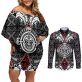 Black Aotearoa Tanilo Motif Couples Matching Off Shoulder Short Dress and Long Sleeve Button Shirt Vintage Maori New Zealand Tribal Art Pattern