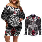 Black Aotearoa Tanilo Motif Couples Matching Off Shoulder Short Dress and Long Sleeve Button Shirt Vintage Maori New Zealand Tribal Art Pattern