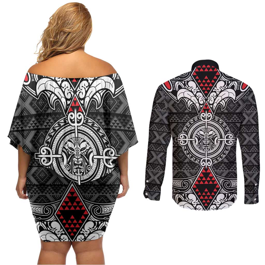 Black Aotearoa Tanilo Motif Couples Matching Off Shoulder Short Dress and Long Sleeve Button Shirt Vintage Maori New Zealand Tribal Art Pattern