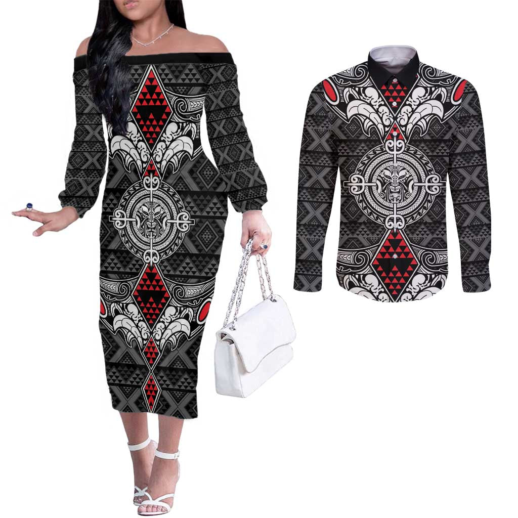 Black Aotearoa Tanilo Motif Couples Matching Off The Shoulder Long Sleeve Dress and Long Sleeve Button Shirt Vintage Maori New Zealand Tribal Art Pattern
