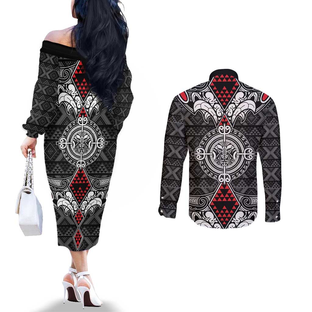Black Aotearoa Tanilo Motif Couples Matching Off The Shoulder Long Sleeve Dress and Long Sleeve Button Shirt Vintage Maori New Zealand Tribal Art Pattern