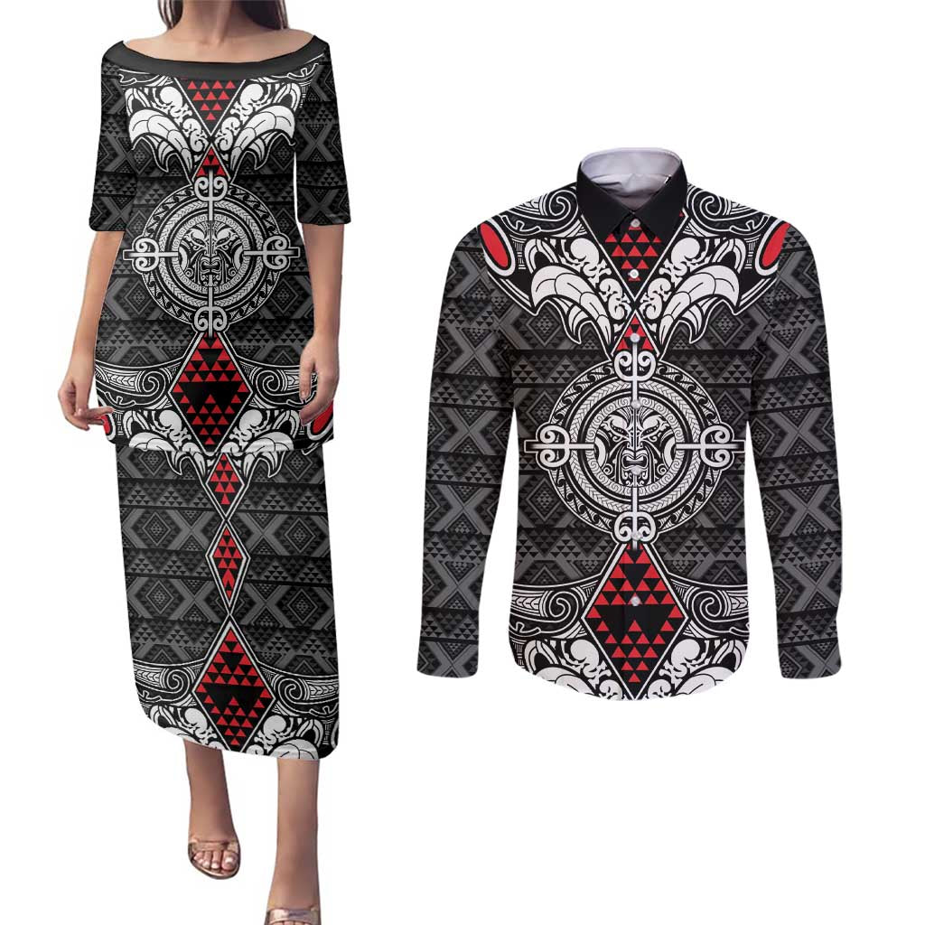 Black Aotearoa Tanilo Motif Couples Matching Puletasi and Long Sleeve Button Shirt Vintage Maori New Zealand Tribal Art Pattern
