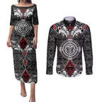Black Aotearoa Tanilo Motif Couples Matching Puletasi and Long Sleeve Button Shirt Vintage Maori New Zealand Tribal Art Pattern