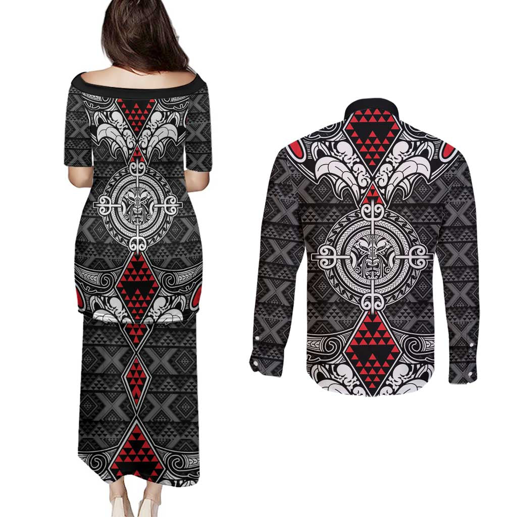 Black Aotearoa Tanilo Motif Couples Matching Puletasi and Long Sleeve Button Shirt Vintage Maori New Zealand Tribal Art Pattern