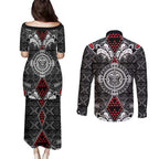 Black Aotearoa Tanilo Motif Couples Matching Puletasi and Long Sleeve Button Shirt Vintage Maori New Zealand Tribal Art Pattern