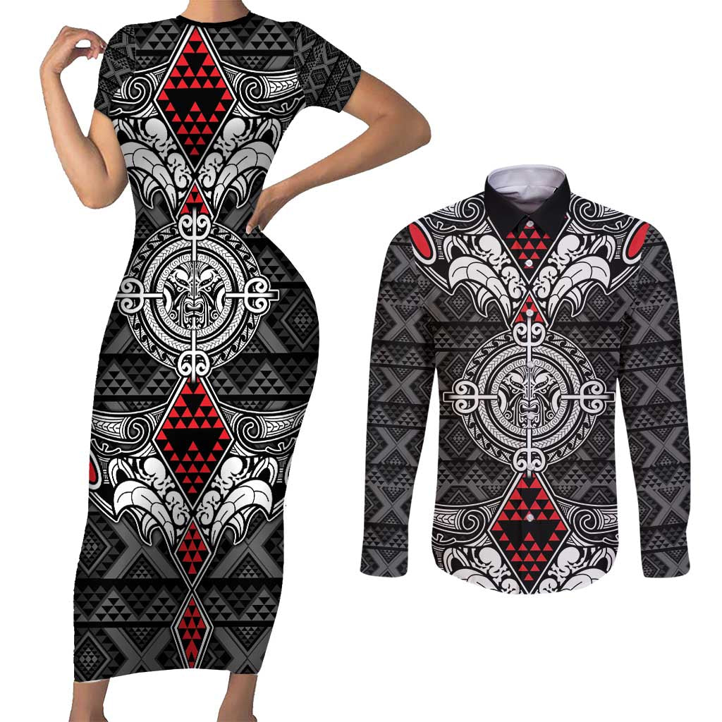 Black Aotearoa Tanilo Motif Couples Matching Short Sleeve Bodycon Dress and Long Sleeve Button Shirt Vintage Maori New Zealand Tribal Art Pattern