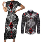 Black Aotearoa Tanilo Motif Couples Matching Short Sleeve Bodycon Dress and Long Sleeve Button Shirt Vintage Maori New Zealand Tribal Art Pattern