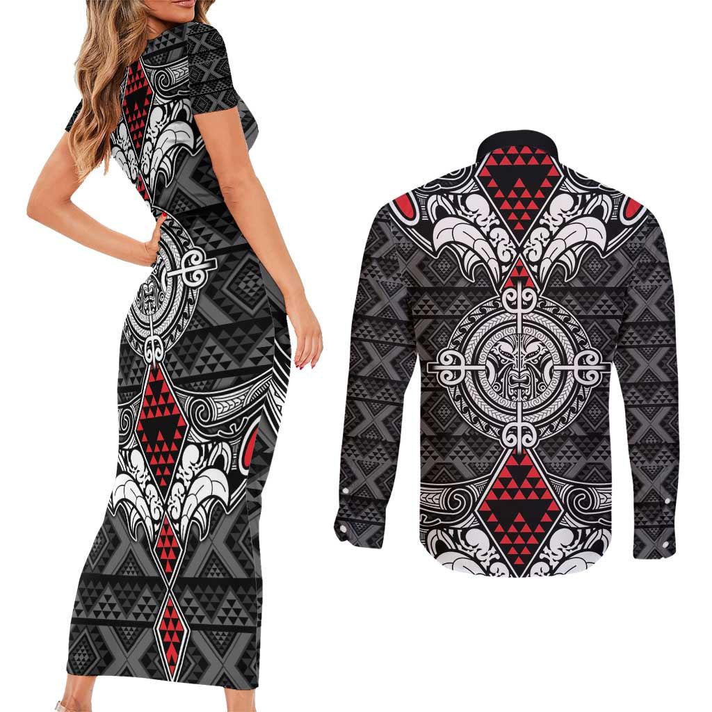 Black Aotearoa Tanilo Motif Couples Matching Short Sleeve Bodycon Dress and Long Sleeve Button Shirt Vintage Maori New Zealand Tribal Art Pattern