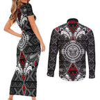 Black Aotearoa Tanilo Motif Couples Matching Short Sleeve Bodycon Dress and Long Sleeve Button Shirt Vintage Maori New Zealand Tribal Art Pattern