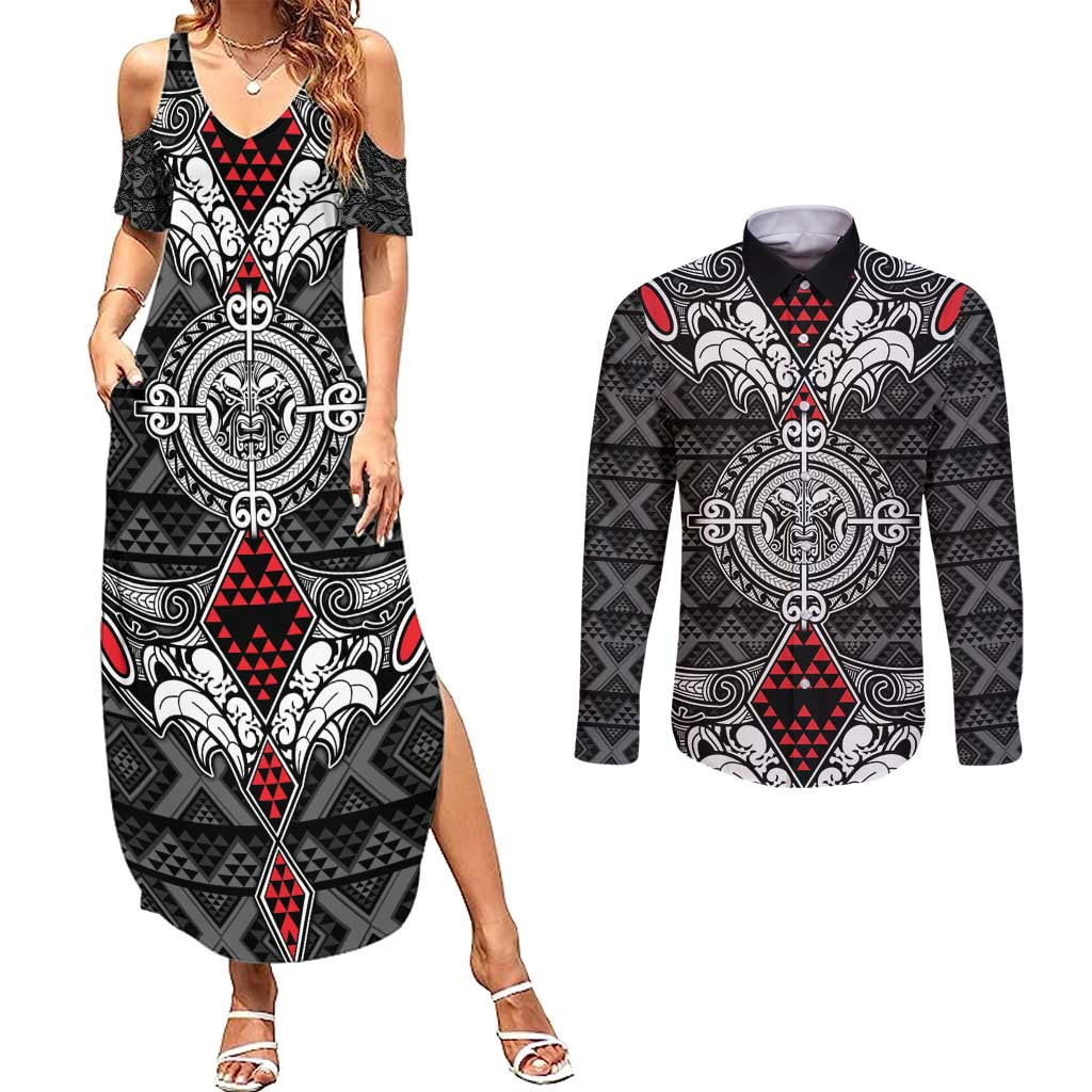 Black Aotearoa Tanilo Motif Couples Matching Summer Maxi Dress and Long Sleeve Button Shirt Vintage Maori New Zealand Tribal Art Pattern