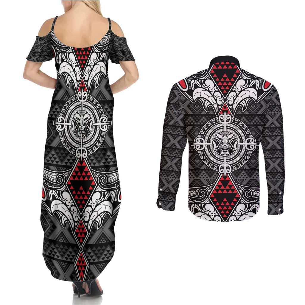 Black Aotearoa Tanilo Motif Couples Matching Summer Maxi Dress and Long Sleeve Button Shirt Vintage Maori New Zealand Tribal Art Pattern