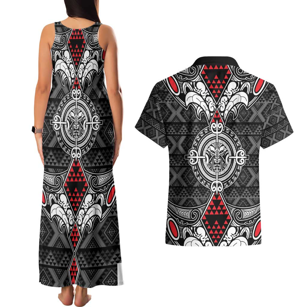 Black Aotearoa Tanilo Motif Couples Matching Tank Maxi Dress and Hawaiian Shirt Vintage Maori New Zealand Tribal Art Pattern