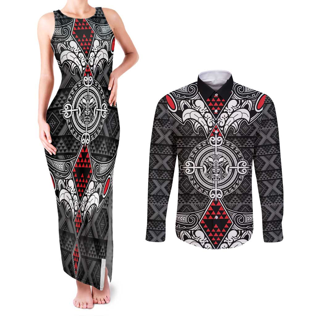 Black Aotearoa Tanilo Motif Couples Matching Tank Maxi Dress and Long Sleeve Button Shirt Vintage Maori New Zealand Tribal Art Pattern