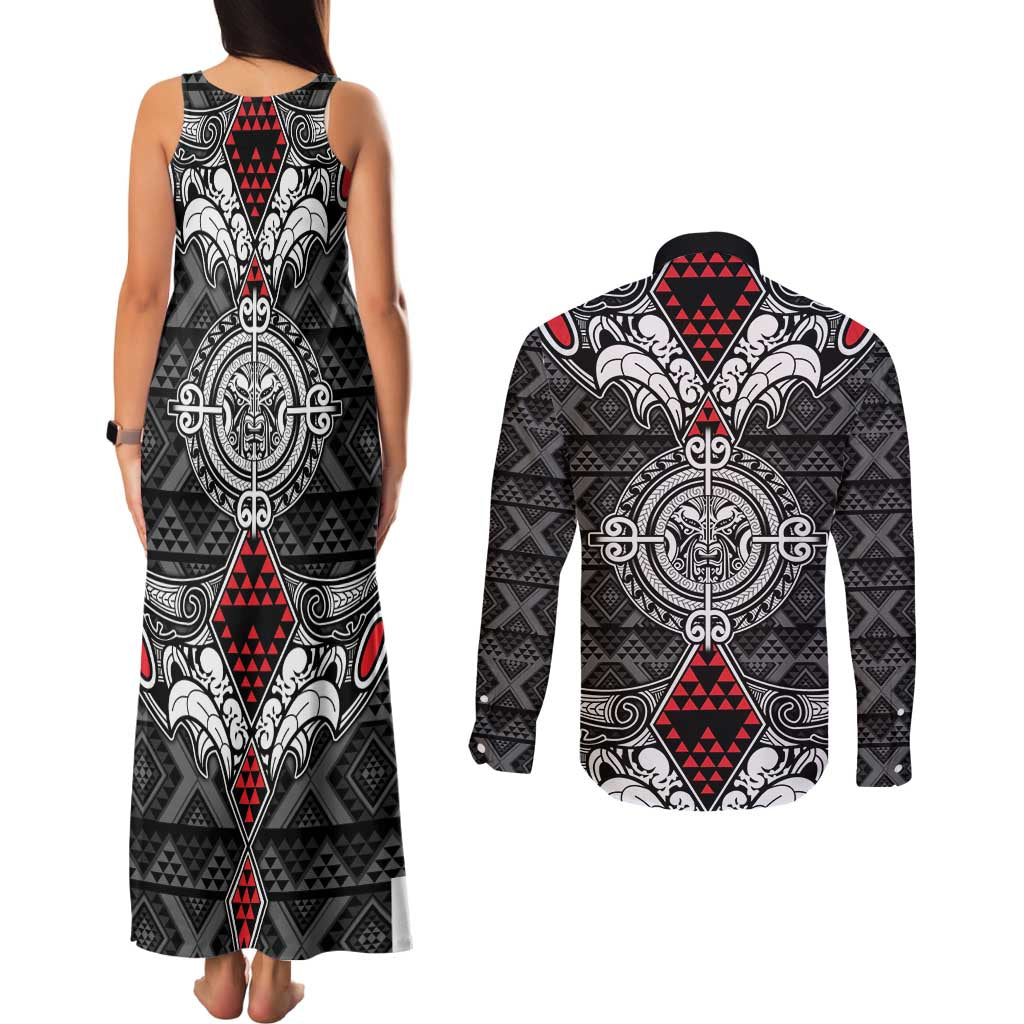 Black Aotearoa Tanilo Motif Couples Matching Tank Maxi Dress and Long Sleeve Button Shirt Vintage Maori New Zealand Tribal Art Pattern