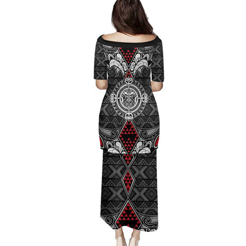 Black Aotearoa Tanilo Motif Family Matching Puletasi and Hawaiian Shirt Vintage Maori New Zealand Tribal Art Pattern